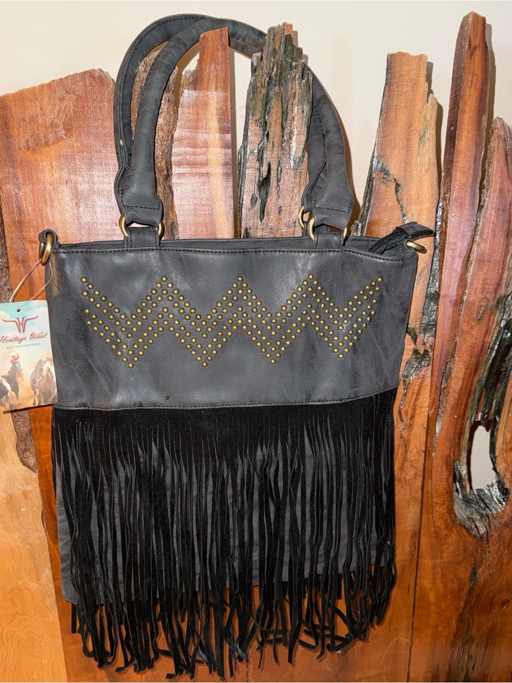 Heritage Black Fringe Bag with Brass Stud Detail